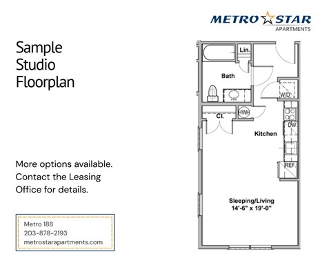 A floor plan for a studio apartment is shown for Metro Star Apartments.
